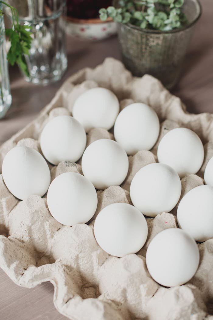 A dozen raw white eggs displayed in a cardboard carton on a kitchen table.